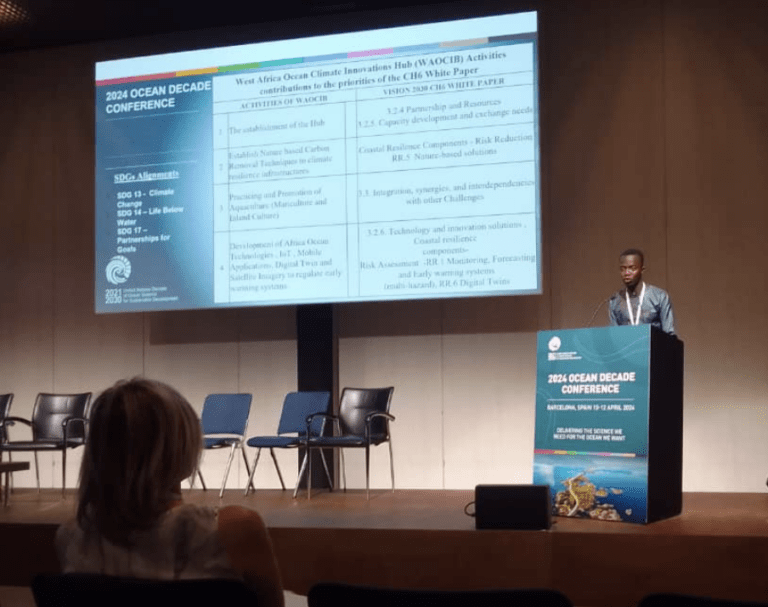 ECOP Ghana coordinator Peter Teye Busumprah presenting on Challenge 6 at the Ocean Decade Conference in Barcelona, Spain (April 2024).